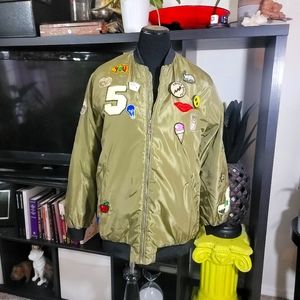 Blinged Out Embellished Urban Bomber Jacket Army Green sz XL